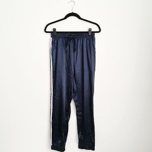 Navy Blue and White Side Striped Satin Joggers